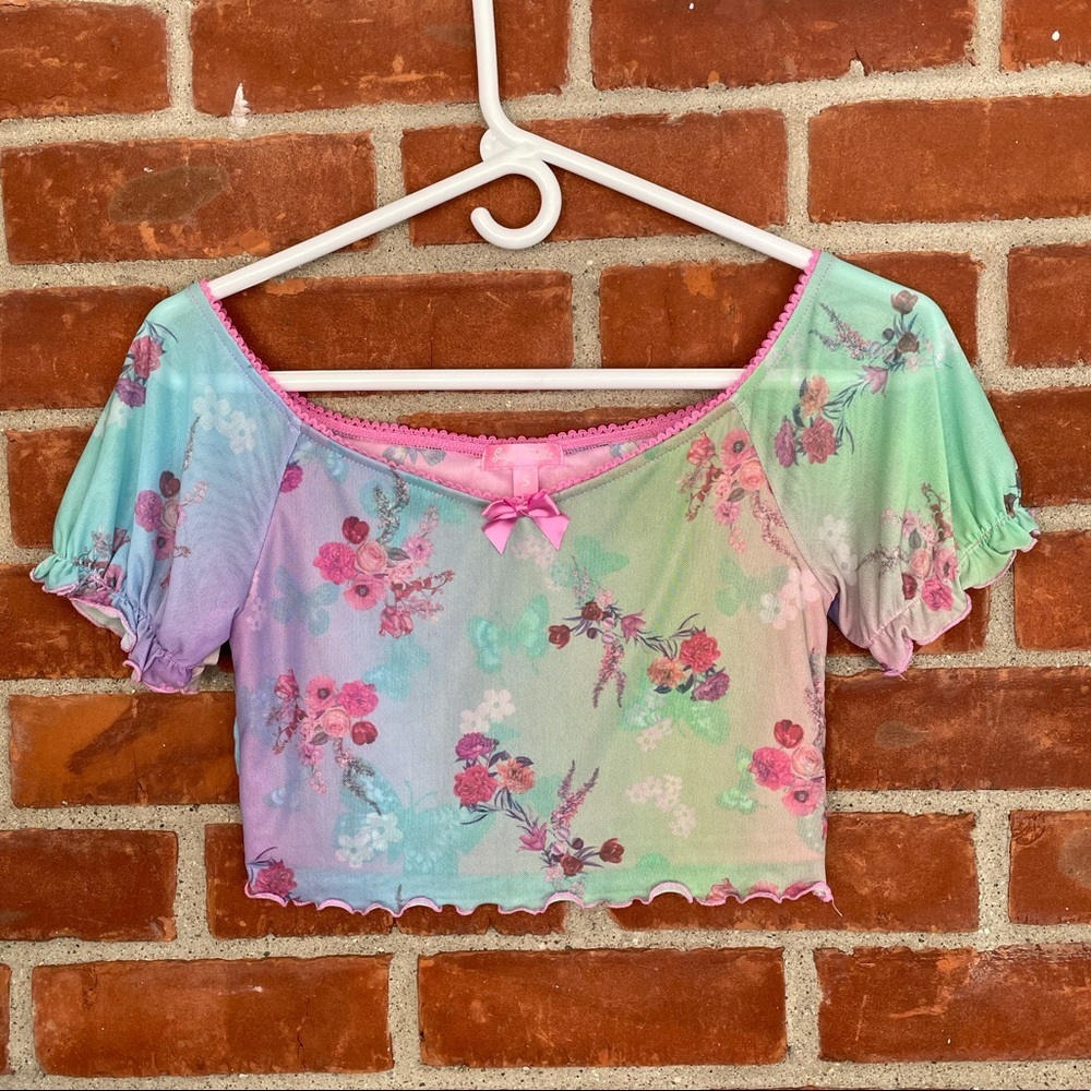 Sugar Thrillz pink butterfly with mesh floral short sleeve colorful crop…